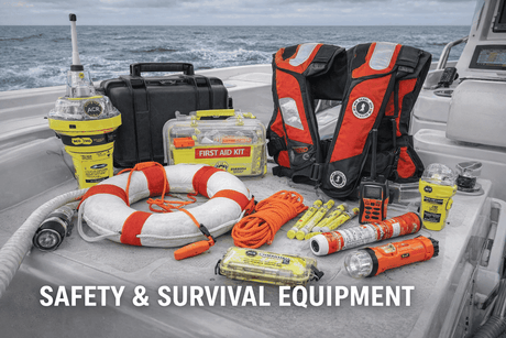 Marine safety and survival equipment including USCG-approved life jackets, fire extinguishers, distress signals, emergency beacons, and immersion suits