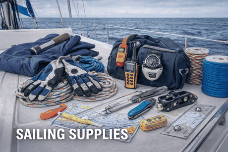 Sailing supplies including rigging hardware, anchors, and marine-grade sailing equipment for cruising and racing boats