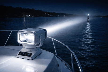 Marine searchlights with waterproof housing and high-intensity beams for nighttime navigation and safety.
