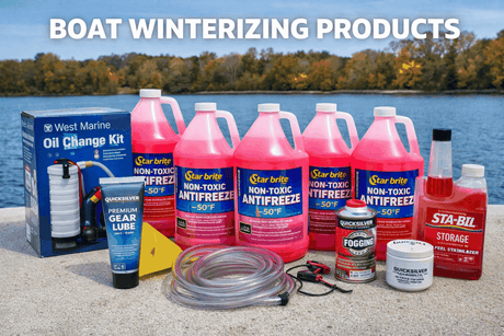 Collection of essential boat winterizing products including marine antifreeze, engine fogging oil, and fuel stabilizers for off-season protection