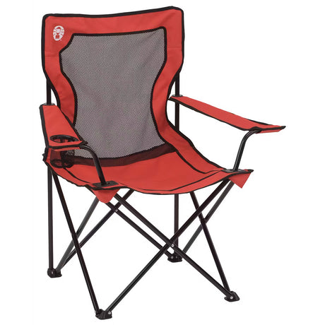 Coleman Broadband Mesh Quad Chair - Red with Adjustable Armrests and Mesh Cup Holder