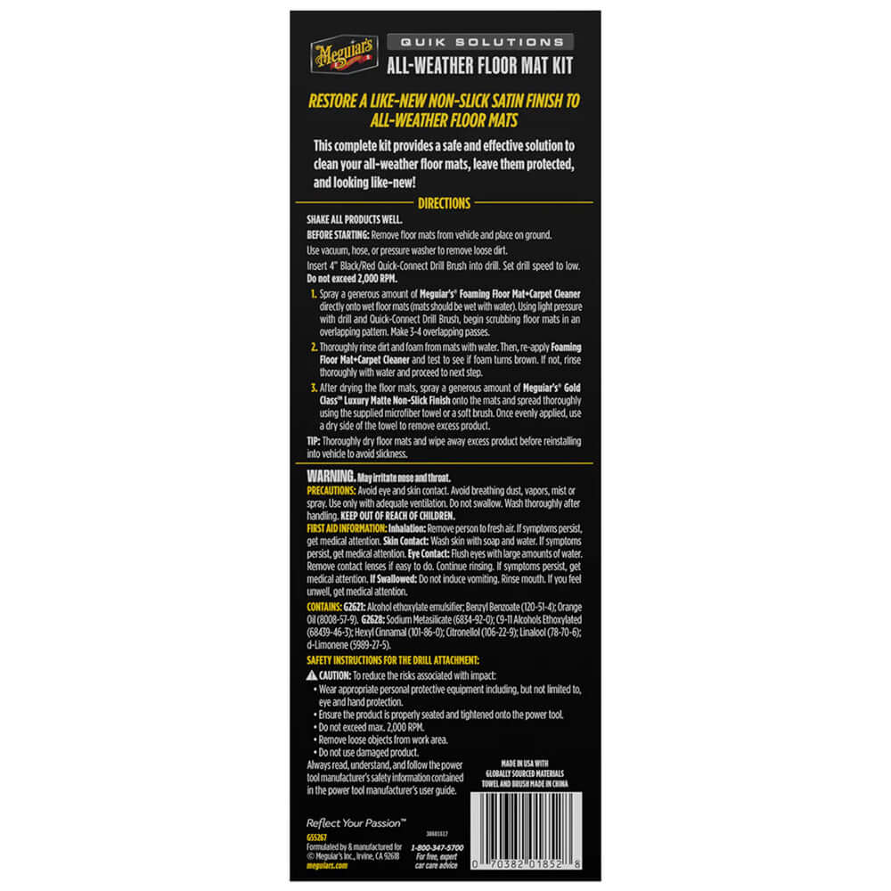 Meguiar's Quik Solutions all-weather floor mat cleaning and protection kit with foaming cleaner, matte finish, brush attachment, and microfiber towel