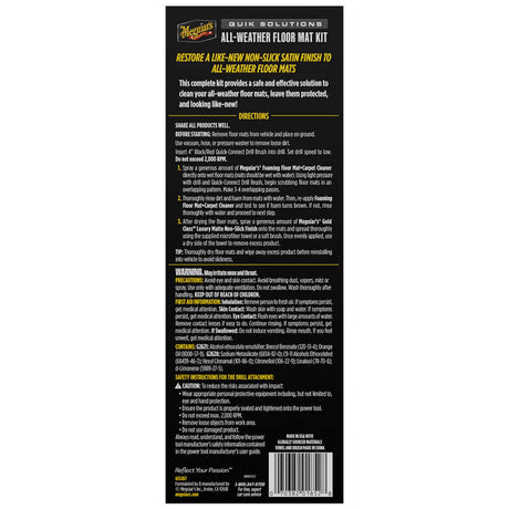 Meguiar's Quik Solutions all-weather floor mat cleaning and protection kit with foaming cleaner, matte finish, brush attachment, and microfiber towel