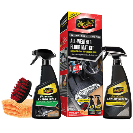 Meguiar's Quik Solutions All-Weather Floor Mat Kit with cleaner, matte finish, drill brush, and microfiber towel for rubber and plastic mats.