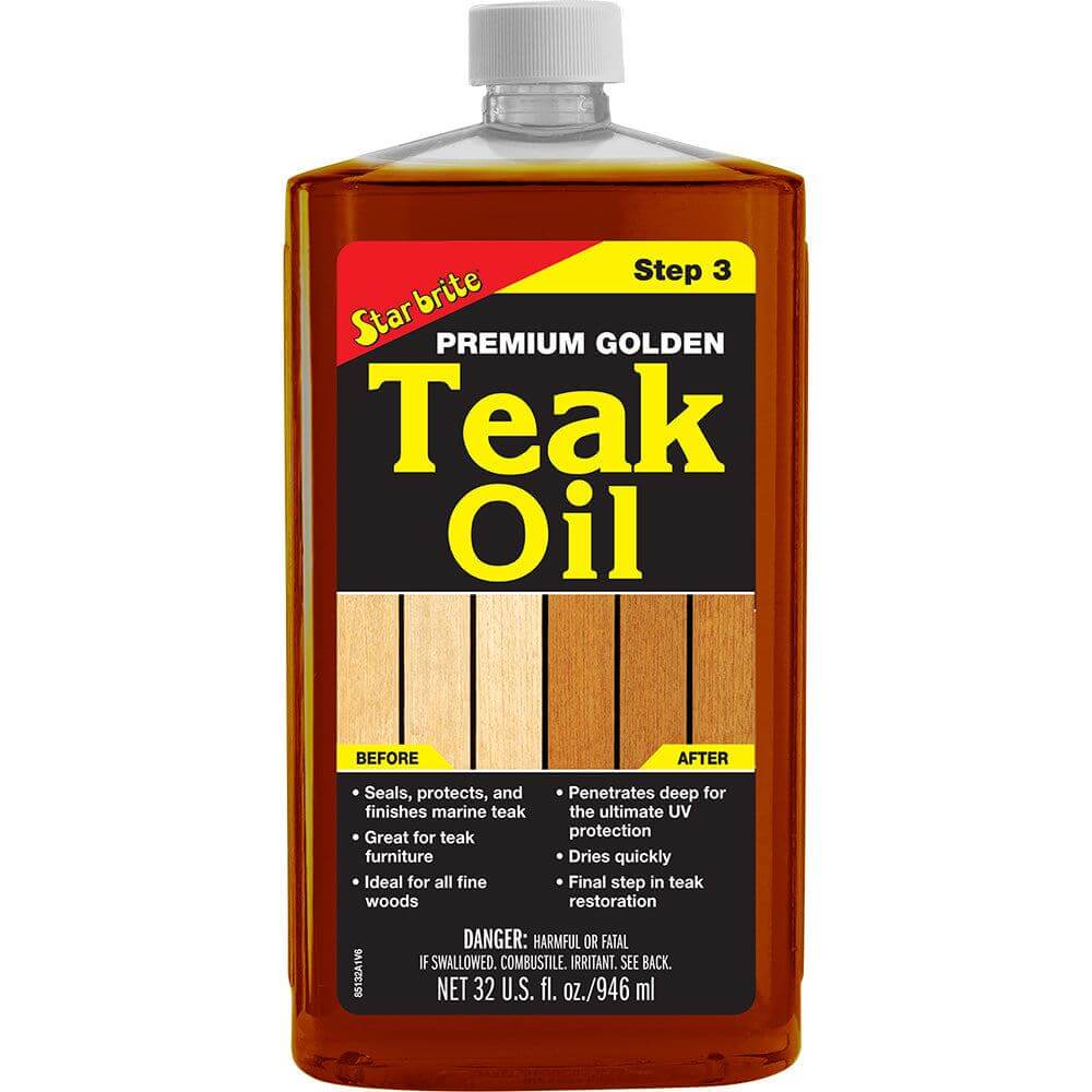 Star brite Premium Golden Teak Oil 32 oz container for wood protection and enhancement