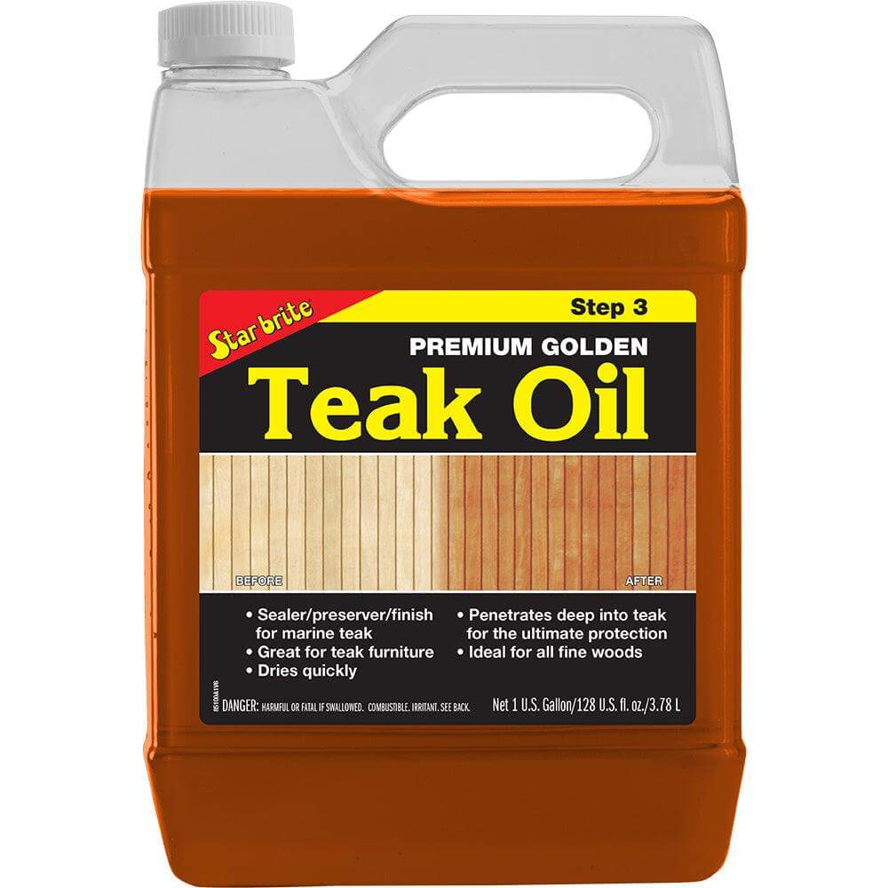 Star brite Premium Golden Teak Oil 1 gallon container for wood protection and enhancement