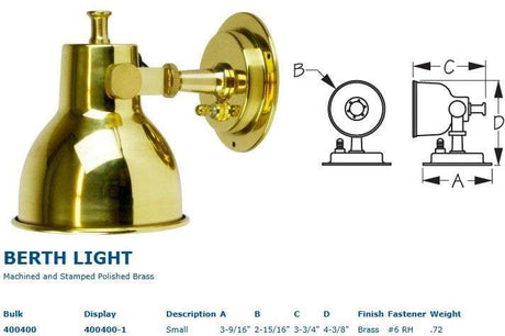 Sea-Dog brass small berth light wall mount with bayonet bulb socket and lacquer finish