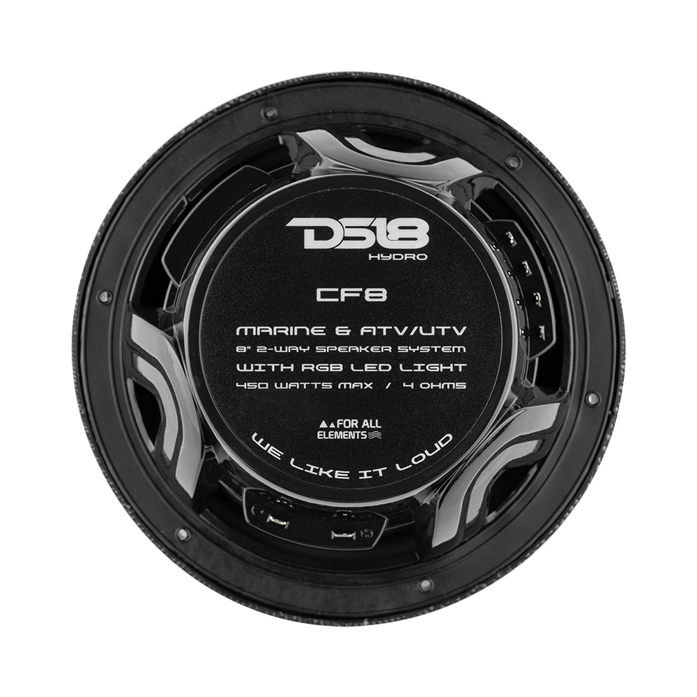 DS18 HYDRO 8" 2-Way Marine Speakers w/RGB LED Lights - 125W RMS, 4-Ohm - Black Carbon Fiber - CF-8M