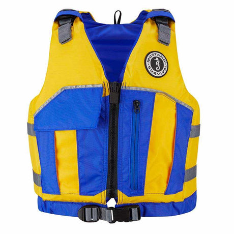 Mustang Youth Reflex Foam Vest in yellow and royal blue with adjustable fit and safety whistle