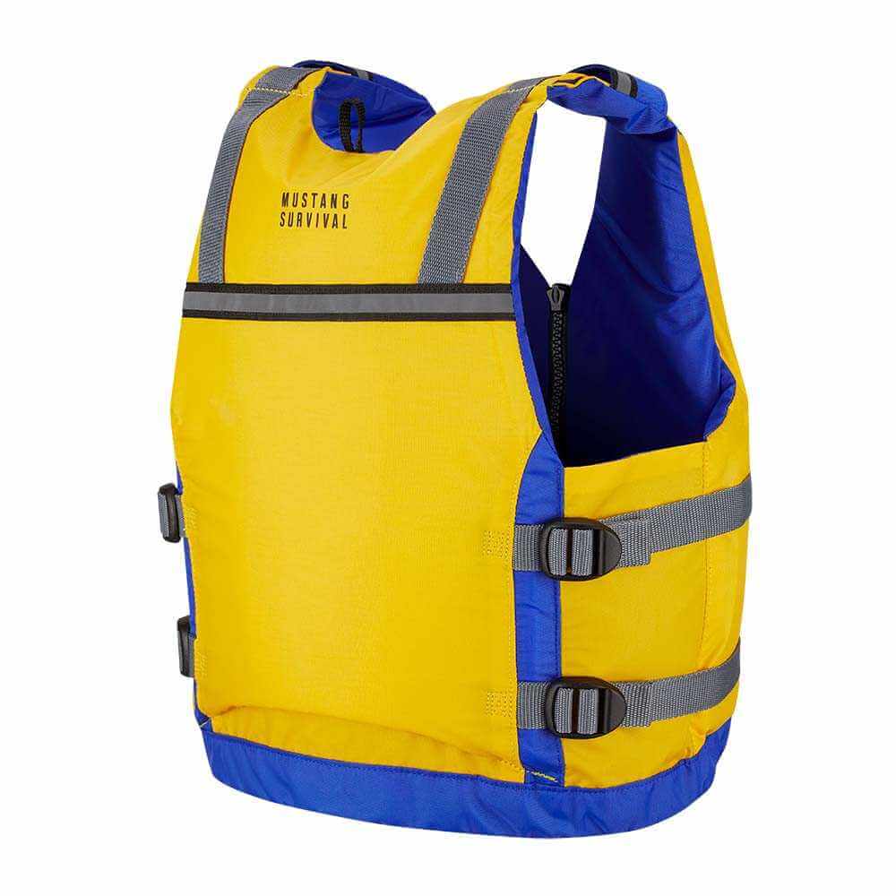 Mustang Youth Reflex Foam Vest in yellow and royal blue with adjustable straps and safety whistle