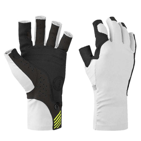 Mustang Traction UV Open Finger Gloves in white and black, size large, featuring UV protection and high-grip palm overlays.