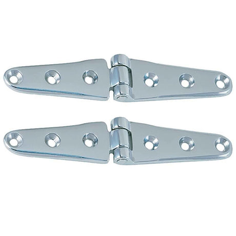 Perko 8 inch chrome plated bronze strap hinges with six mounting holes and 1-1/8 inch pin height