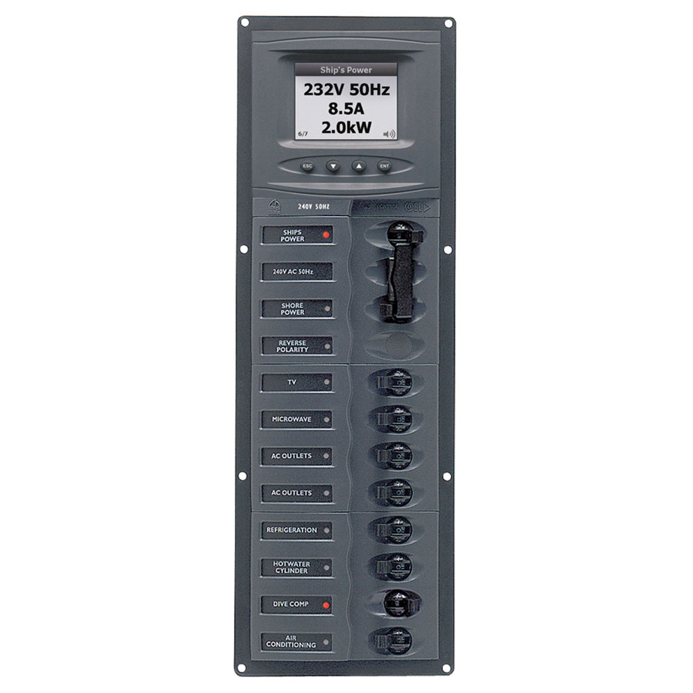 BEP AC Circuit Breaker Panel w/Digital Meters, 8SP 2DP AC230V ACSM Stainless Steel Vertical - 900-AC2V-ACSM