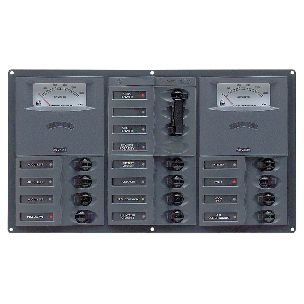 BEP AC Circuit Breaker Panel w/Analog Meters, 12SP 2DP AC230V Stainless Steel Horizonal - 900-AC3-AM