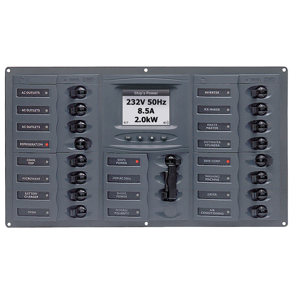BEP AC Circuit Breaker Panel w/Digital Meters, 16SP 2DP AC120V ACSM Stainless Steel Horizontal - 900-AC4-ACSM-110
