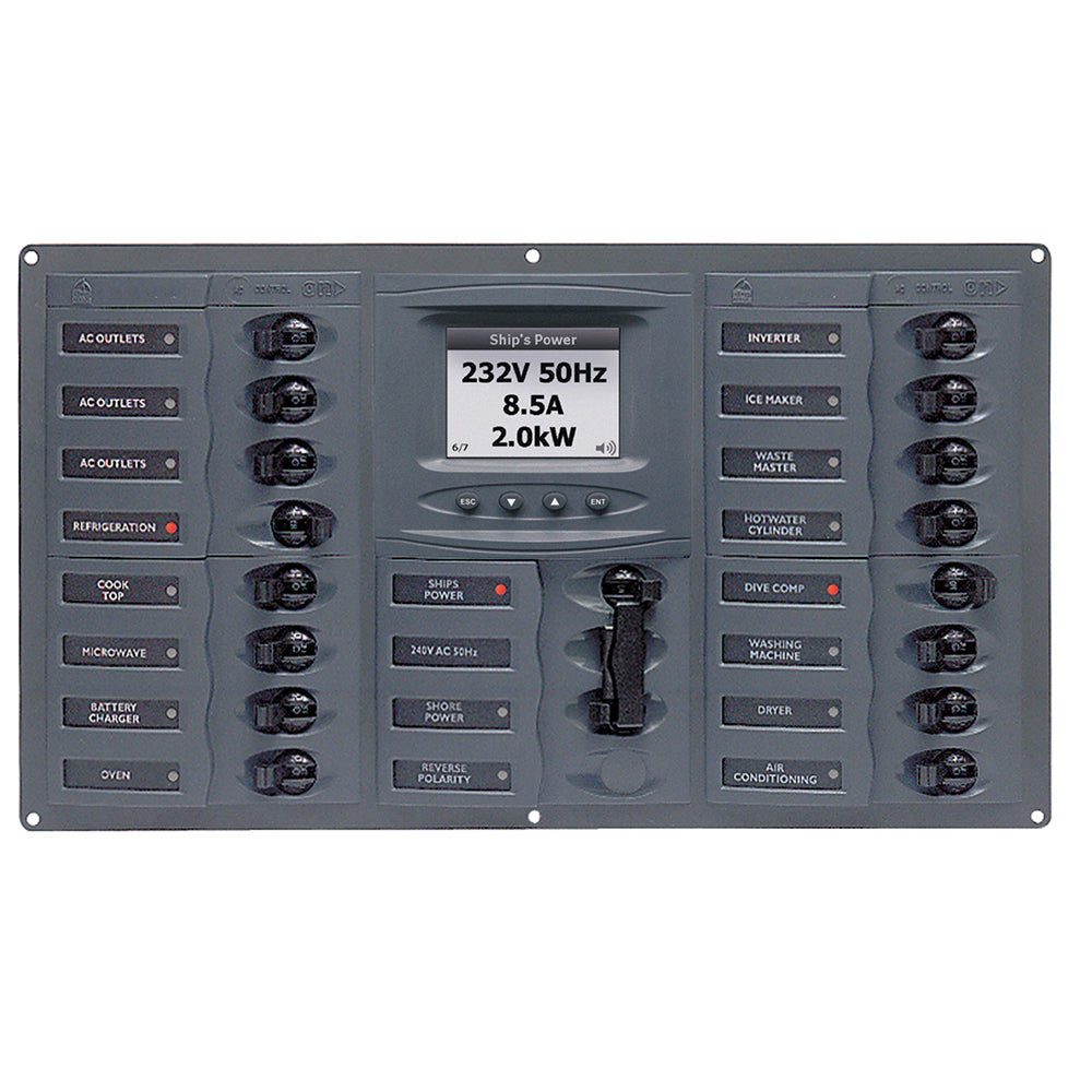 BEP AC Circuit Breaker Panel w/Digital Meters, 16SP 2DP AC230V ACSM Stainless Steel Horizontal - 900-AC4-ACSM