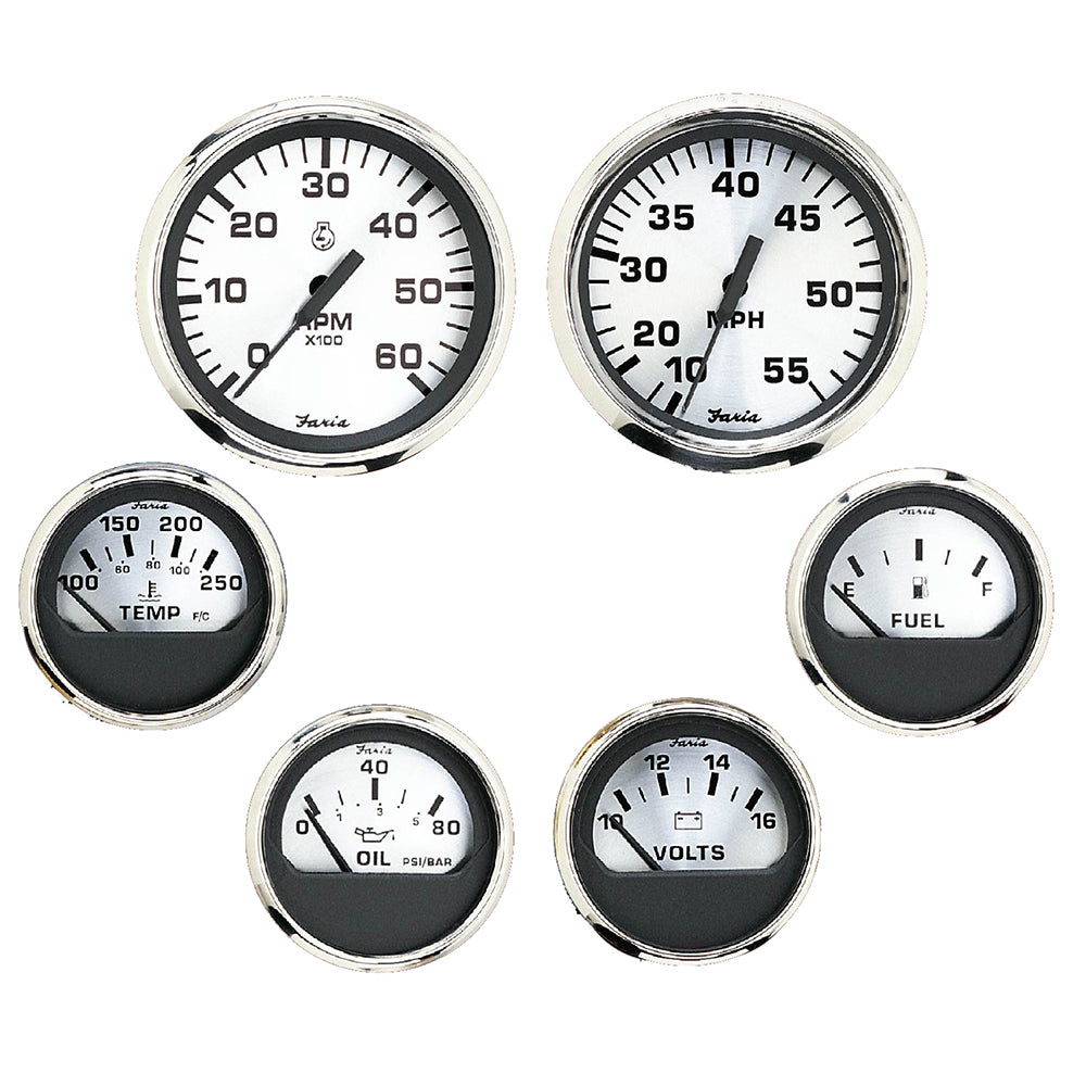 Faria Spun Silver Box Set of 6 Gauges - Speed, Tach, Voltmeter, Fuel Level, Water Temperature and Oil - KTF0184