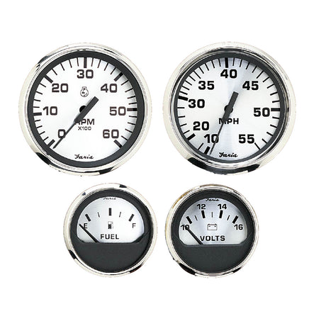 Faria Spun Silver Box Set of 4 Gauges for Outboard Engines - Speedometer, Tach, Voltmeter and Fuel Level - KTF0182