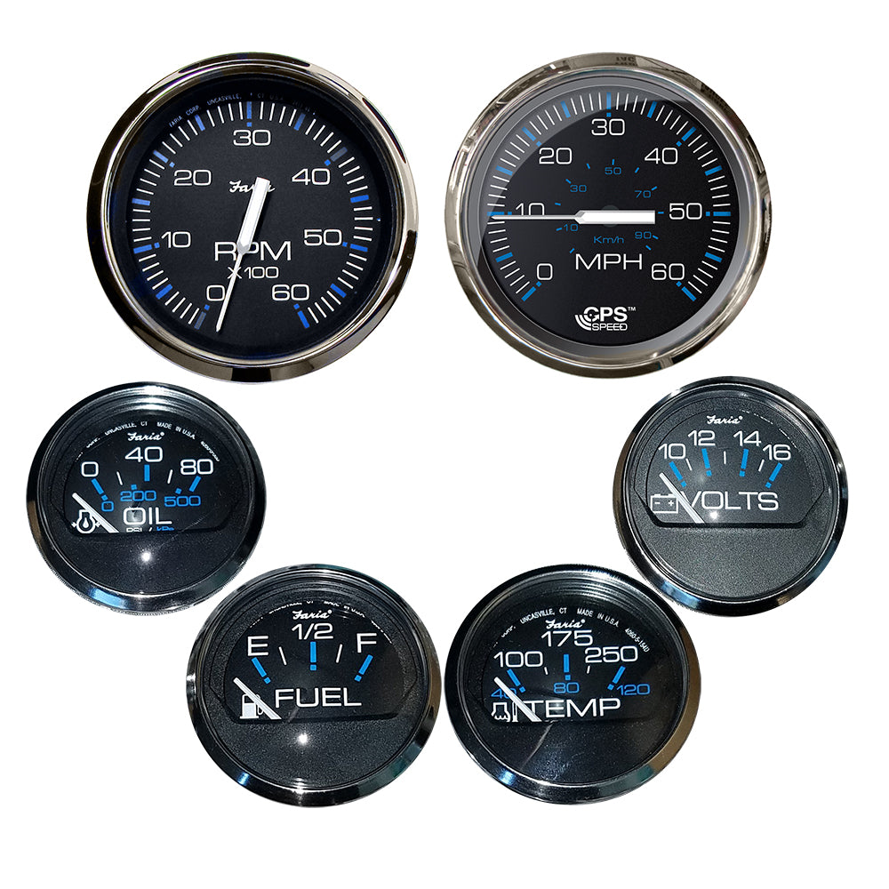 Faria Box Set of 6 Gauges - Speed, Tach, Fuel Level, Voltmeter, Water, Temp & Oil PSI - Chesapeake Black with Stainless Steel Bezel - KTF064