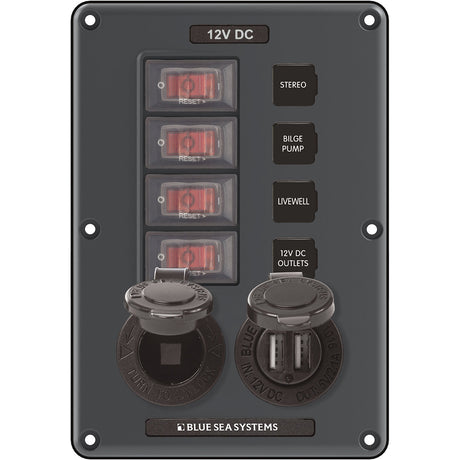 Blue Sea 4321 Circuit Breaker Switch Panel 4 Position - Gray with 12V Socket & Dual USB - 4321