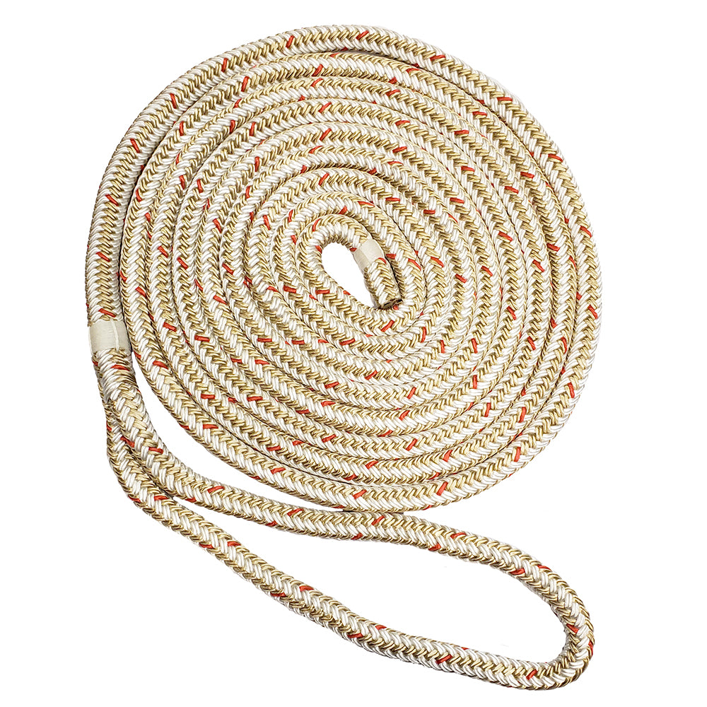 New England Ropes 3/8" x 15' Nylon Double Braid Dock Line - White/Gold with Tracer - C5059-12-00015