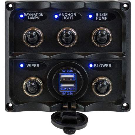 Sea-Dog Water Resistant Toggle Switch Panel w/USB Power Socket - 5 Toggle - 424617-1