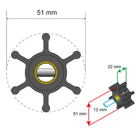 Albin Pump Premium Impeller Kit - 51 x 22 x 12mm - 6 Blade - Pin Insert - 06-01-005