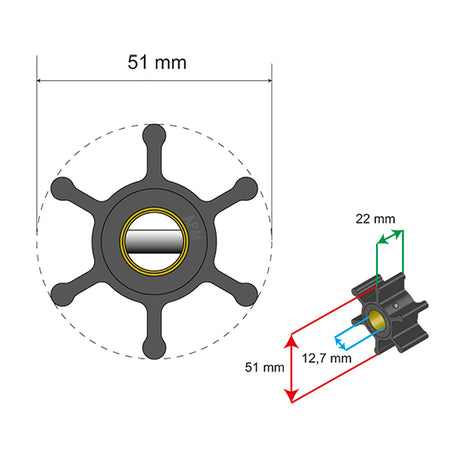 Albin Pump Premium Impeller Kit - 51 x 22 x 12.7mm - 6 Blade - Pin Insert - 06-01-006