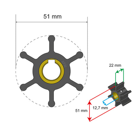 Albin Pump Premium Impeller Kit - 51 x 12.7 x 22mm - 6 Blade - Key Insert - 06-01-007