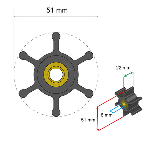 Albin Pump Premium Impeller Kit - 51 x 8 x 22mm - 6 Blade - Single Flat Insert - 06-01-008