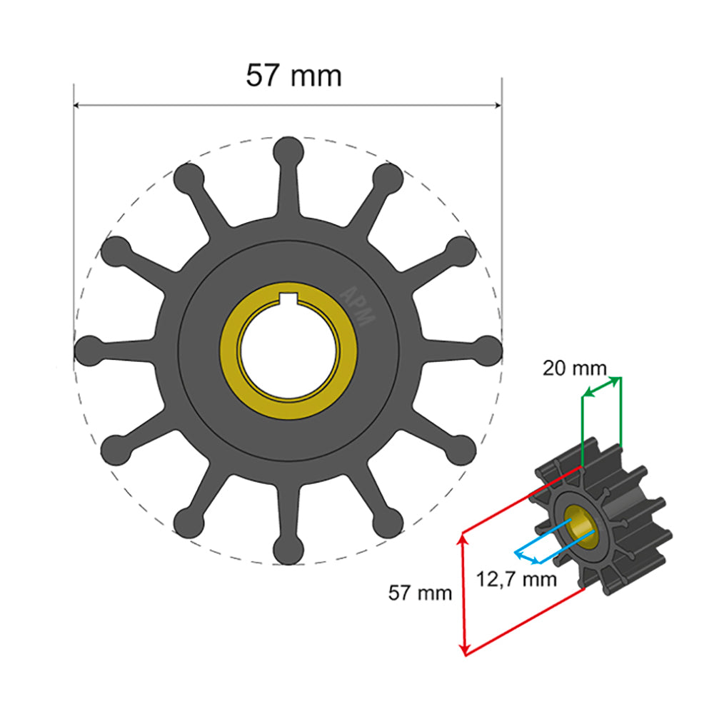 Albin Pump Premium Impeller Kit 57 x 12.7 x 20mm - 12 Blade - Key Insert - 06-01-013