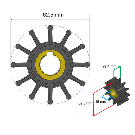 Albin Pump Premium Impeller Kit 62.5 x 16 x 22.4mm - 12 Blade - Key Insert - 06-01-015