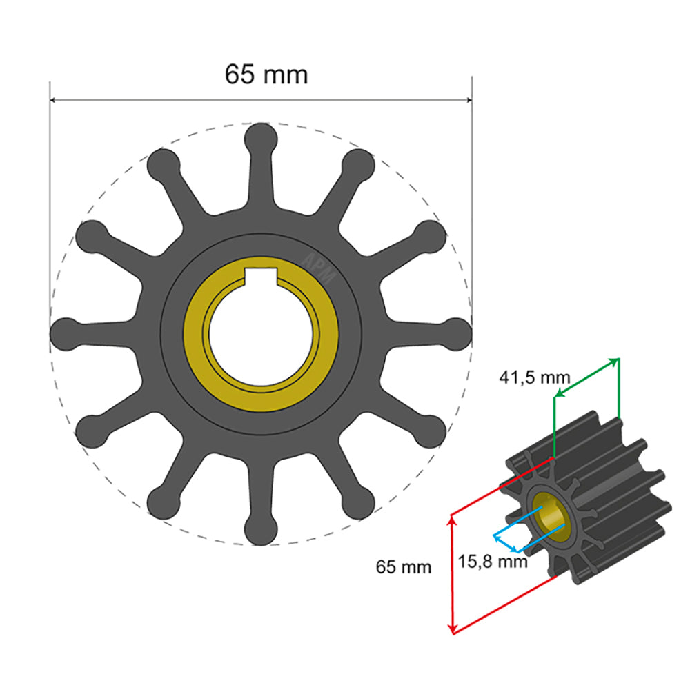 Albin Pump Premium Impeller Kit 65 x 15.8 x 41.5mm - 12 Blade - Key Insert - 06-01-018