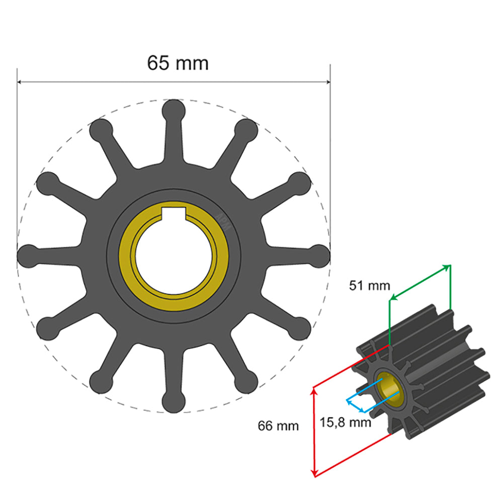 Albin Pump Premium Impeller Kit 65 x 15.8 x 51mm - 12 Blade - Key Insert - 06-01-019