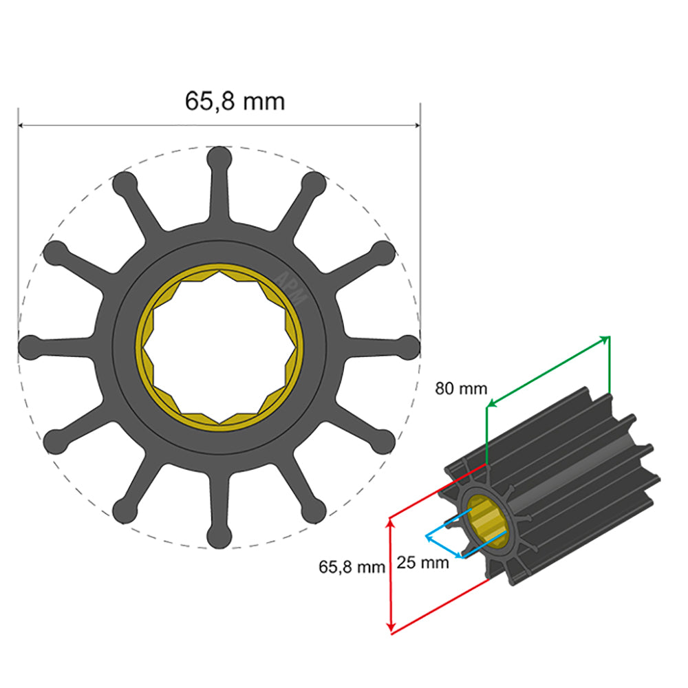 Albin Pump Premium Impeller Kit 65.8 x 25 x 80mm - 12 Blade - Spline Insert - 06-01-020