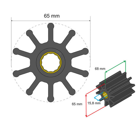 Albin Pump Premium Impeller Kit 65 x 15.8 x 68mm - 10 Blade - Spline Insert - 06-02-022