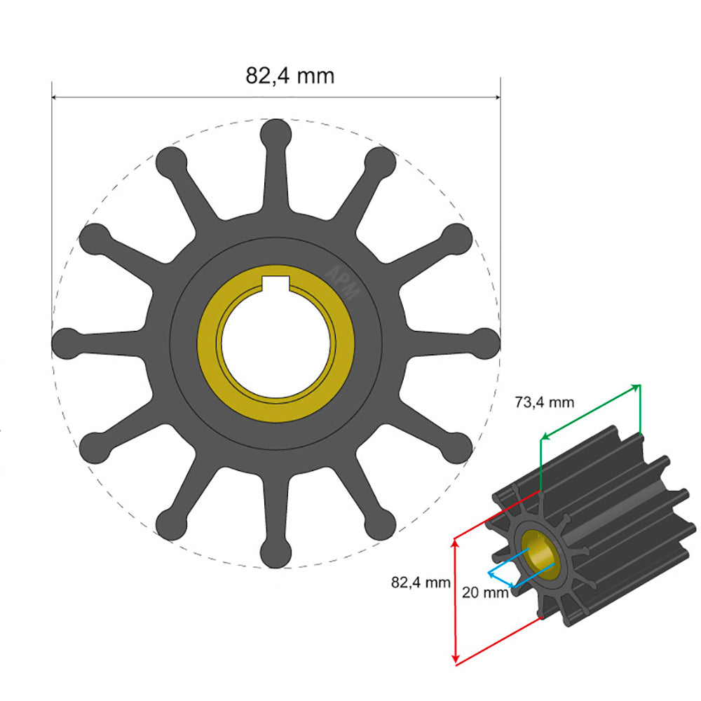 Albin Pump Premium Impeller Kit 82.4 x 20 x 73.4mm - 12 Blade - Key Insert - 06-02-025