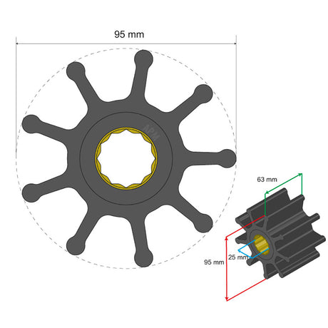 Albin Pump Premium Impeller Kit 95 x 25 x 63mm - 9 Blade - Spline Insert - 06-02-027