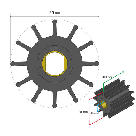 Albin Pump Premium Impeller Kit 95 x 25 x 88.8mm - 12 Blade - Double Flat Insert - 06-02-030