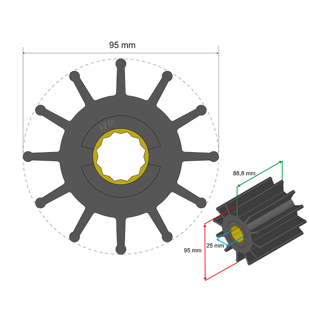 Albin Pump Premium Impeller Kit 95 x 25 x 88.8mm - 12 Blade - Spline Insert - 06-02-031