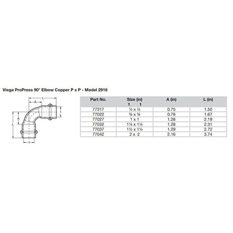 Viega ProPress 1/2" - 90 Degree Copper Elbow - Double Press Connection - Smart Connect Technology - 77317