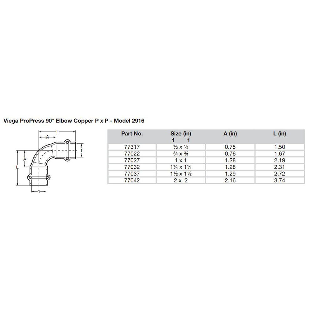 Viega ProPress 1-1/2" - 90 Degree Copper Elbow - Double Press Connection - Smart Connect Technology - 77037