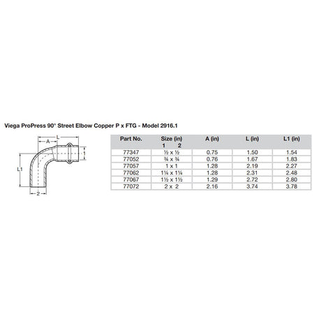 Viega Propress 1/2" - 90 Degree Copper Elbow - Street/Press Connection - Smart Connect Technology - 77347