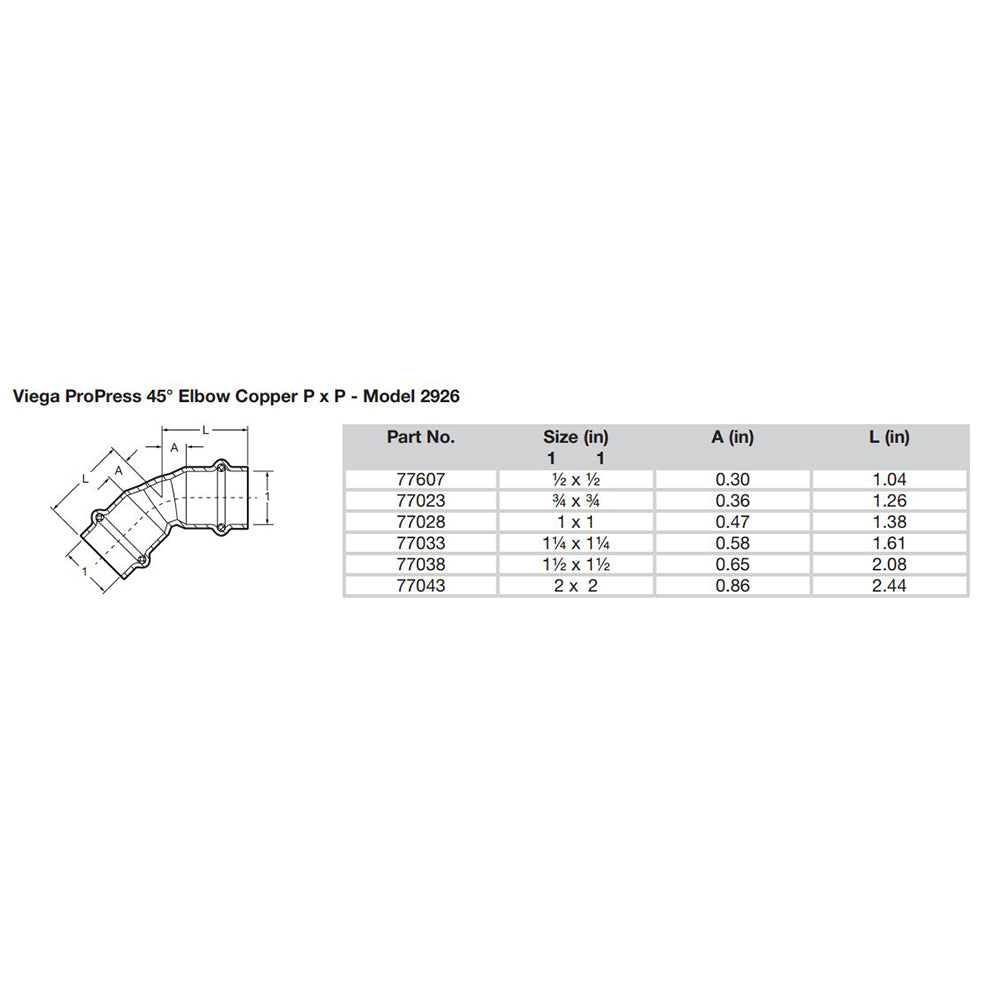 Viega ProPress 1/2" - 45 Degree Copper Elbow - Double Press Connection - Smart Connect Technology - 77607