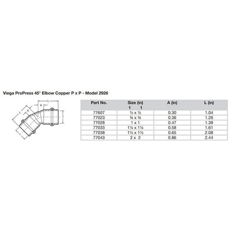 Viega ProPress 1/2" - 45 Degree Copper Elbow - Double Press Connection - Smart Connect Technology - 77607