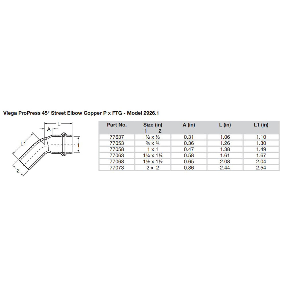 Viega ProPress 1/2" - 45 Degree Copper Elbow - Street/Press Connection - 77637