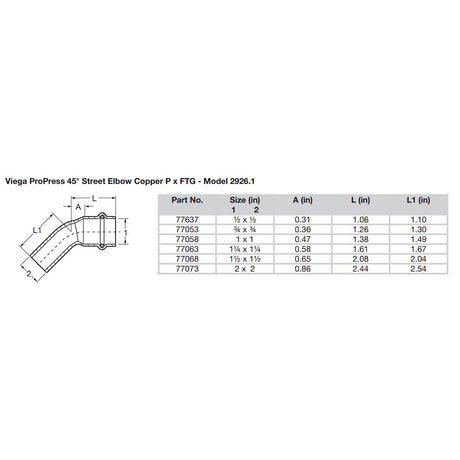 Viega ProPress 1/2" - 45 Degree Copper Elbow - Street/Press Connection - 77637