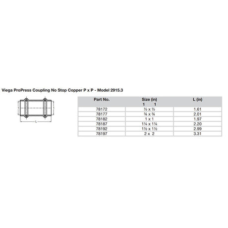 Viega ProPress 1/2" Copper Coupling without Stop - Double Press Connection - Smart Connect Technology - 78172