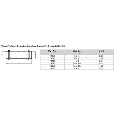 Viega ProPress 1/2" Extended Coupling without Stop - Double Press Connection - Smart Connect Technology - 79005