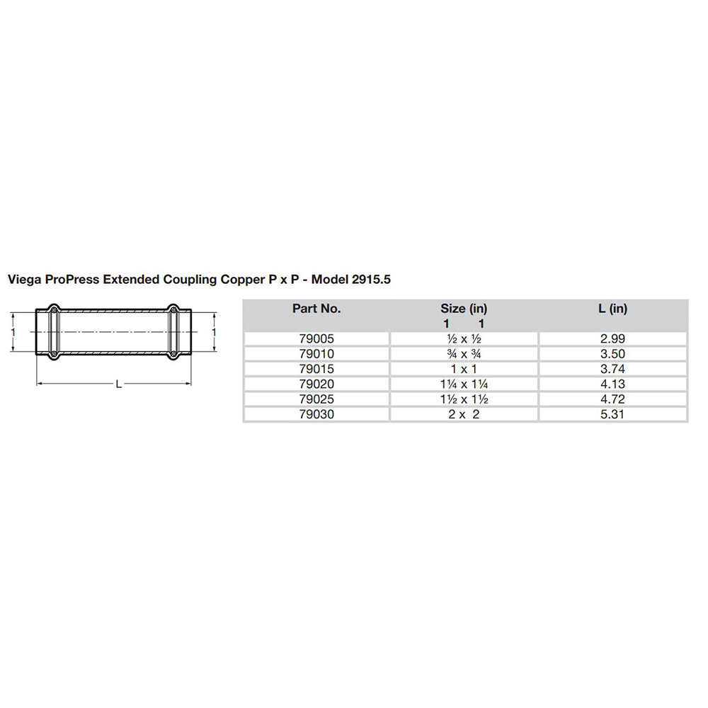 Viega ProPress 3/4" Extended Coupling without Stop - Double Press Connection - Smart Connect Technology - 79010